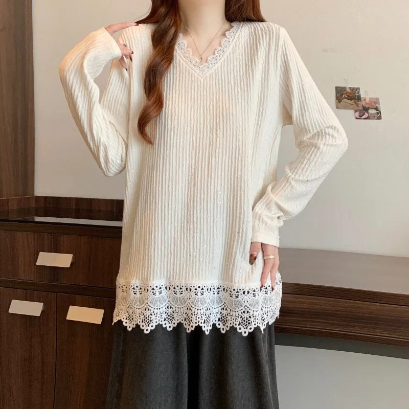 2026年春新作 レディース 長袖Tシャツ キラキラレース パッチワーク Vネック 韓国風 ルーズフィット カジュアルシックブラウス