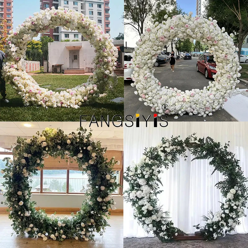 

Luxury White Rose Green Leaf Artificial Flower Row Runner Wedding round Arch Deco Floral Arangement With Frame Event decor Prop