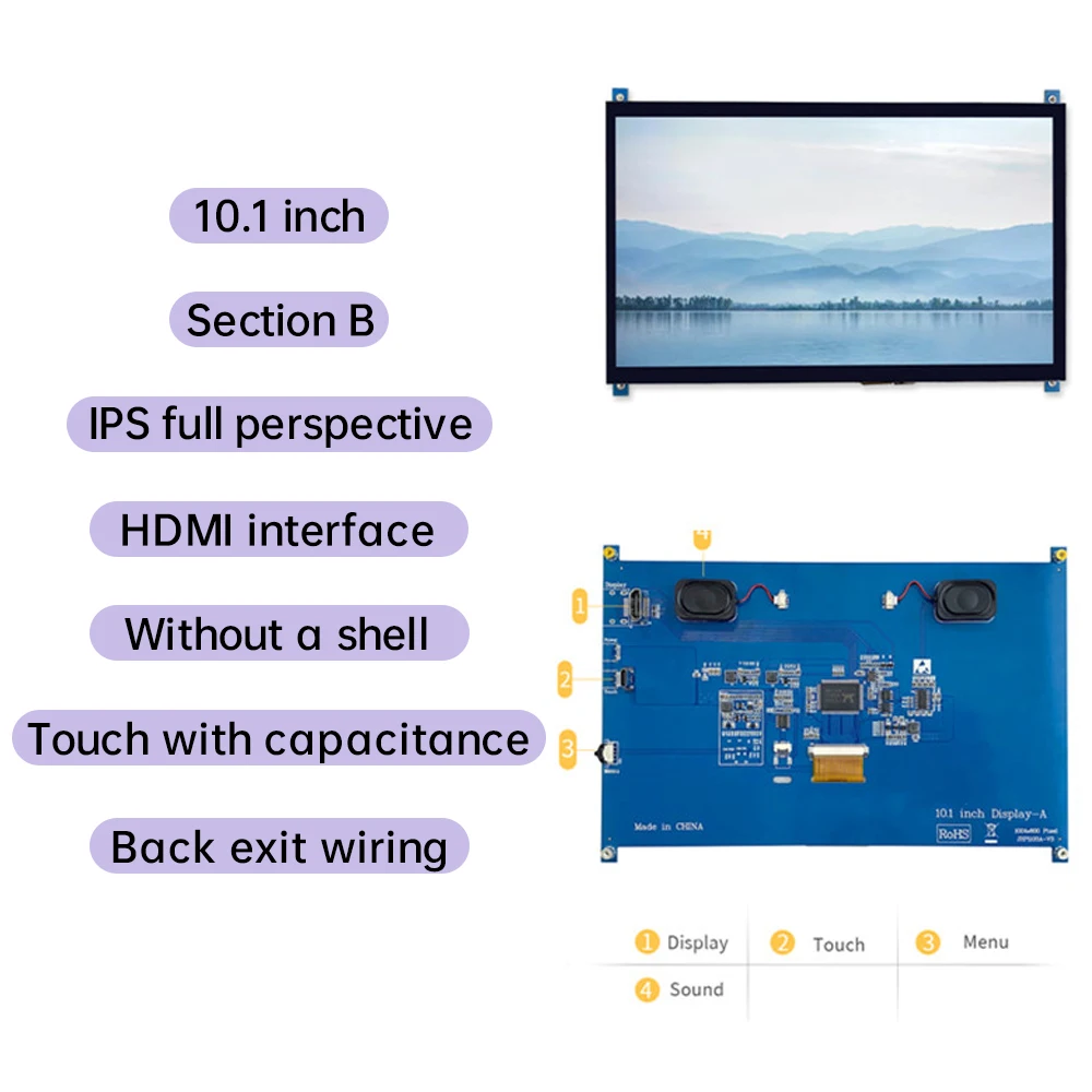 10.1 Inch LCD Display Screen Module for Raspberry Pi 3B 4B 5B HDMI 1024*600 IPS HD Full Viewing Angle with capacitance Touch