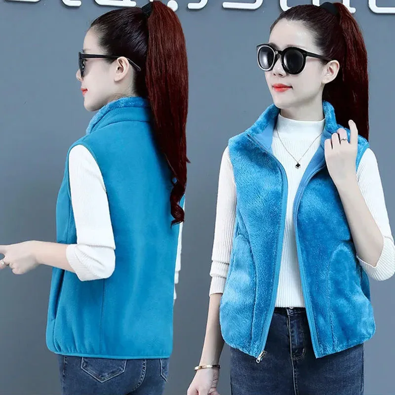 New Autumn Winter Reversible Tank Top Women Sleeveless Jacket Shake Fleece Fashion Thicke Coral Velvet Vest Female Waistcoat 5XL