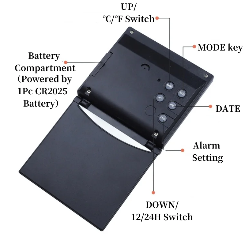 Mini sveglia temperatura umidità pieghevole alimentato a batteria Snoze orologio da tavolo 12/24H LCD orologio digitale con batteria CR2025