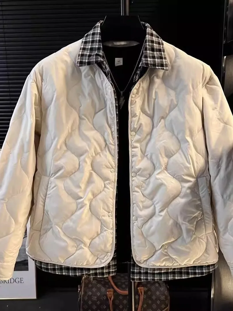 

Lightweight Plaid Cotton Jaet for Men Casual Sle Collarl Coat Youth Faionable Warm Outerwear Stand Fit Long Sve