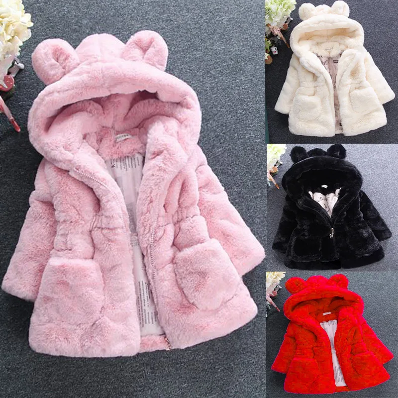

High-Quality Girls' Faux Fur Coat with Ear DesignThick Cotton-Padded Winter Jacket for Warmth Fashion Kids Clothing Non-Shedding
