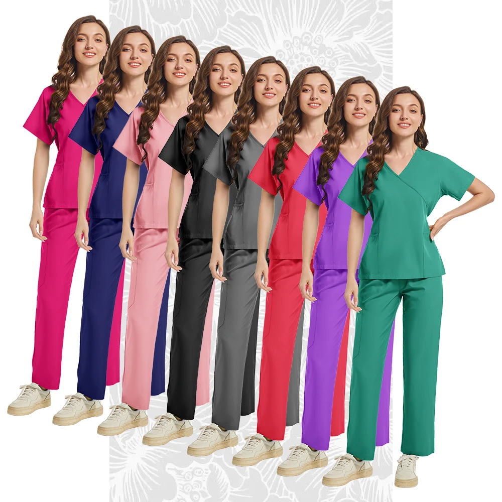 Multicolor Women Scrubs Uniform Short Sleeve Tops+Pants Nursing Uniform Pet Shop Doctor Scrub Medical Surgery Workwear Scrub Set