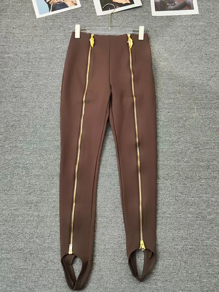 Hochgeschnittene und schlanke Hose mit Doppelreißverschluss-Design, Frühjahr 2026 Damenmode Joker-Leggings, Gestrickte Elastische Yoga-Hose