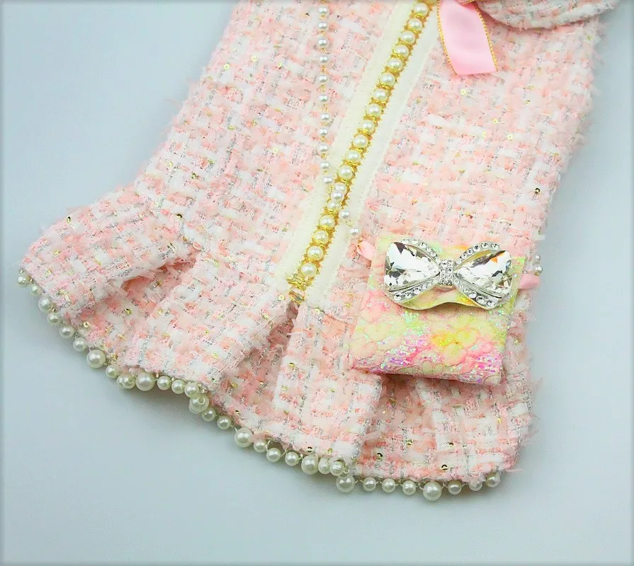 Handmade Dog Clothes Pet Coat Dress Pink Tweed Little Fairy Princess Outfit Pearls Skirt C**L Style Chain Bag Accessories Yorkie