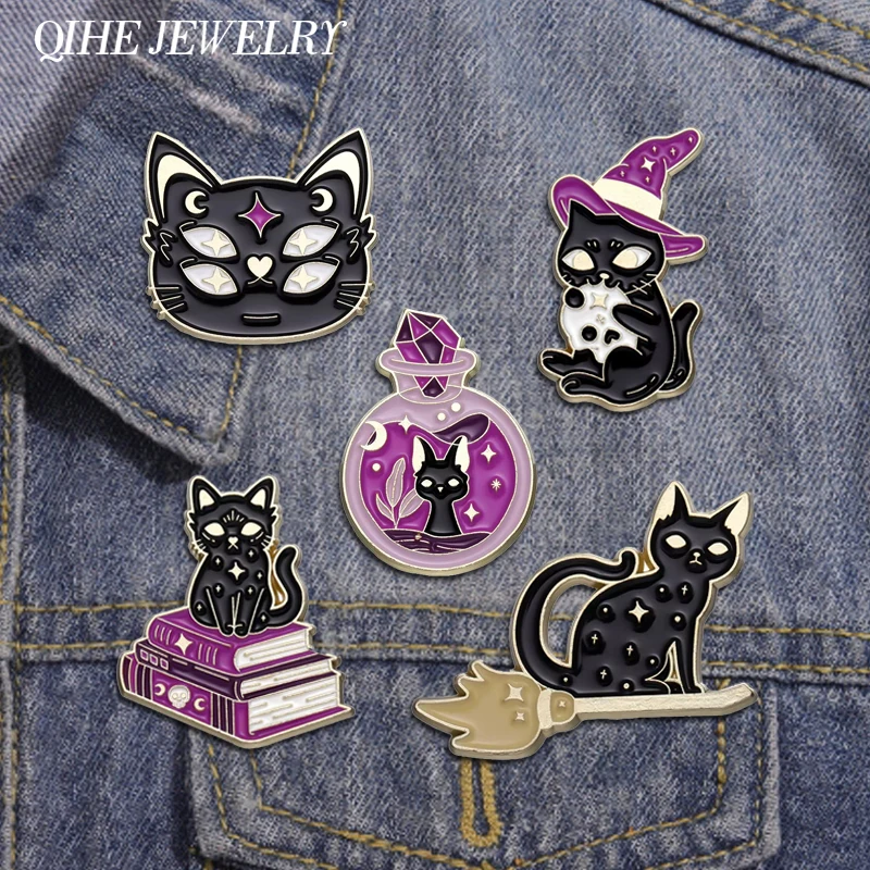Witch Enamel Pin Punk Black White Cat Brooch Magic Hat Badge Book Wings Lapel Animal Goth Halloween Purple Crystal Jewelry Gift