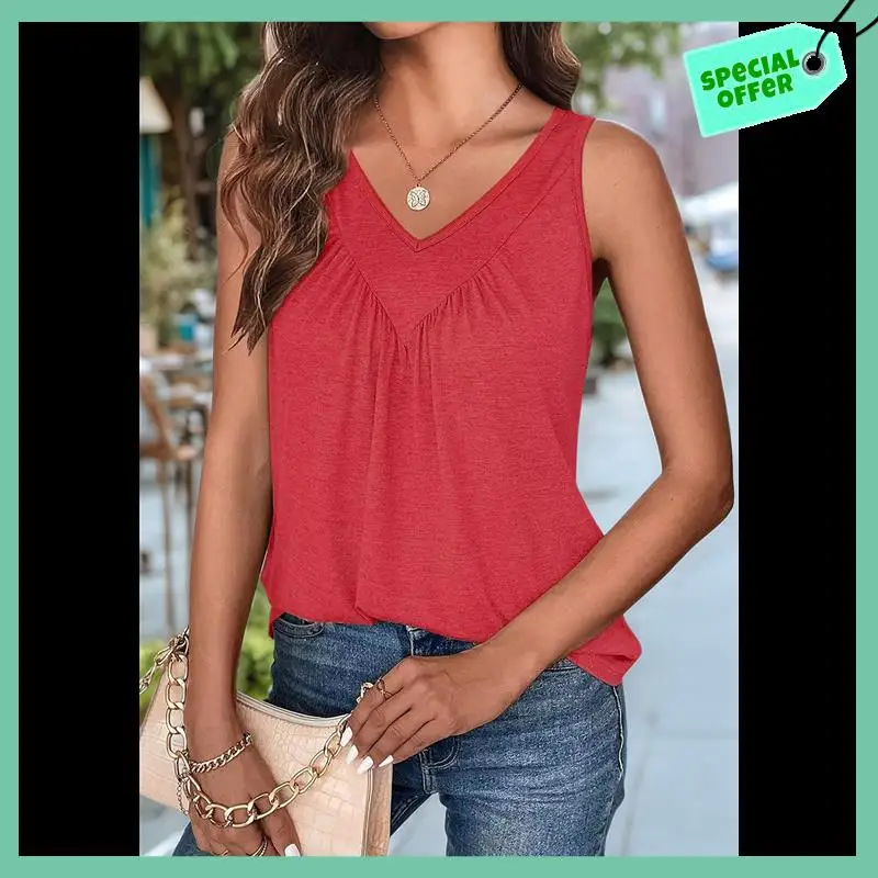 

Sturdy Tank Top For Women Loose Fit Sleeveless Shirts V Neck Summer Clothes Ruched Women's Tees And Tanks Curved Hem