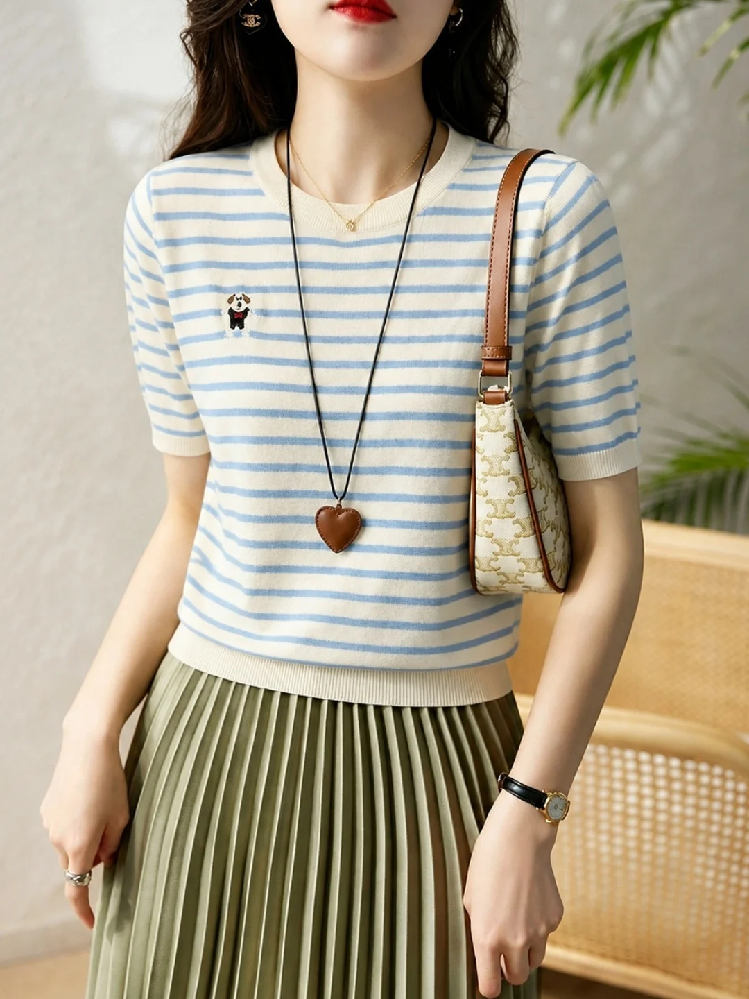 Fashionable Versatile Knitted Top Striped Short Sleeve Women's New Arrival Autumn 2026 Soft Commute Style Straight Fit Korean...
