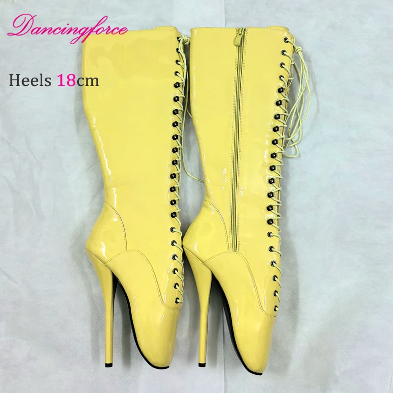 Dancingforce Stiletto Black Patent 18cm Sexy Fetish Ballet Shoes Extreme High Heel Women Knee High Ballet Boots Lace Up