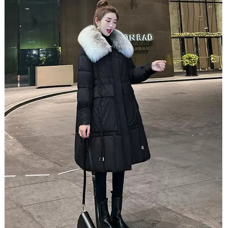 

2025 Winter New Women's Medium to Long Fox fur collar 90%White Goose Down Loose Coat Black Thick Warm Long Parker Down Coats