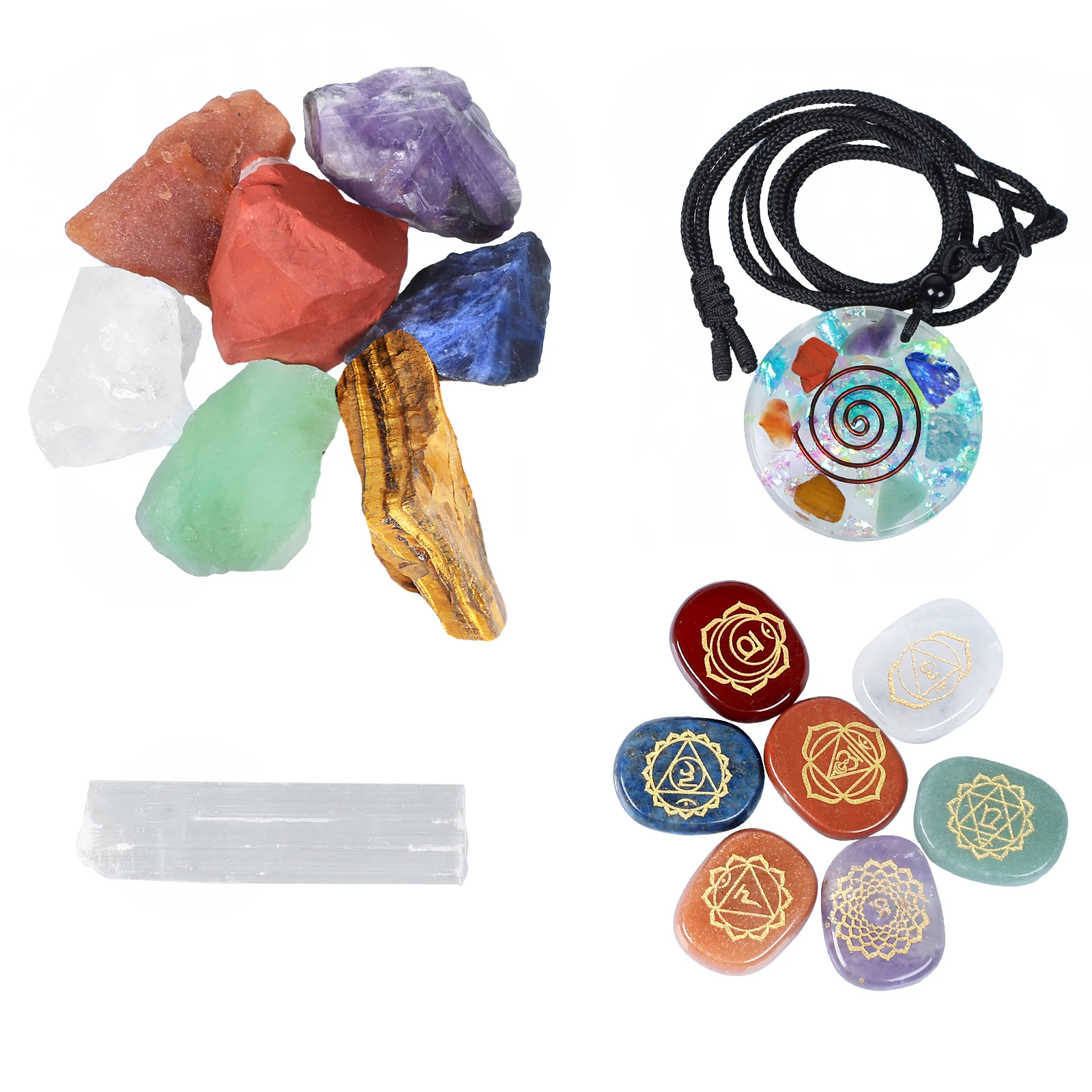 Tumbeelluwa 7 Chakra Stenen Starter Kit, Gepolijst Gegraveerde Stenen, Orgone Hanger Ketting, selenite Wand Healing Kristal Reiki Set