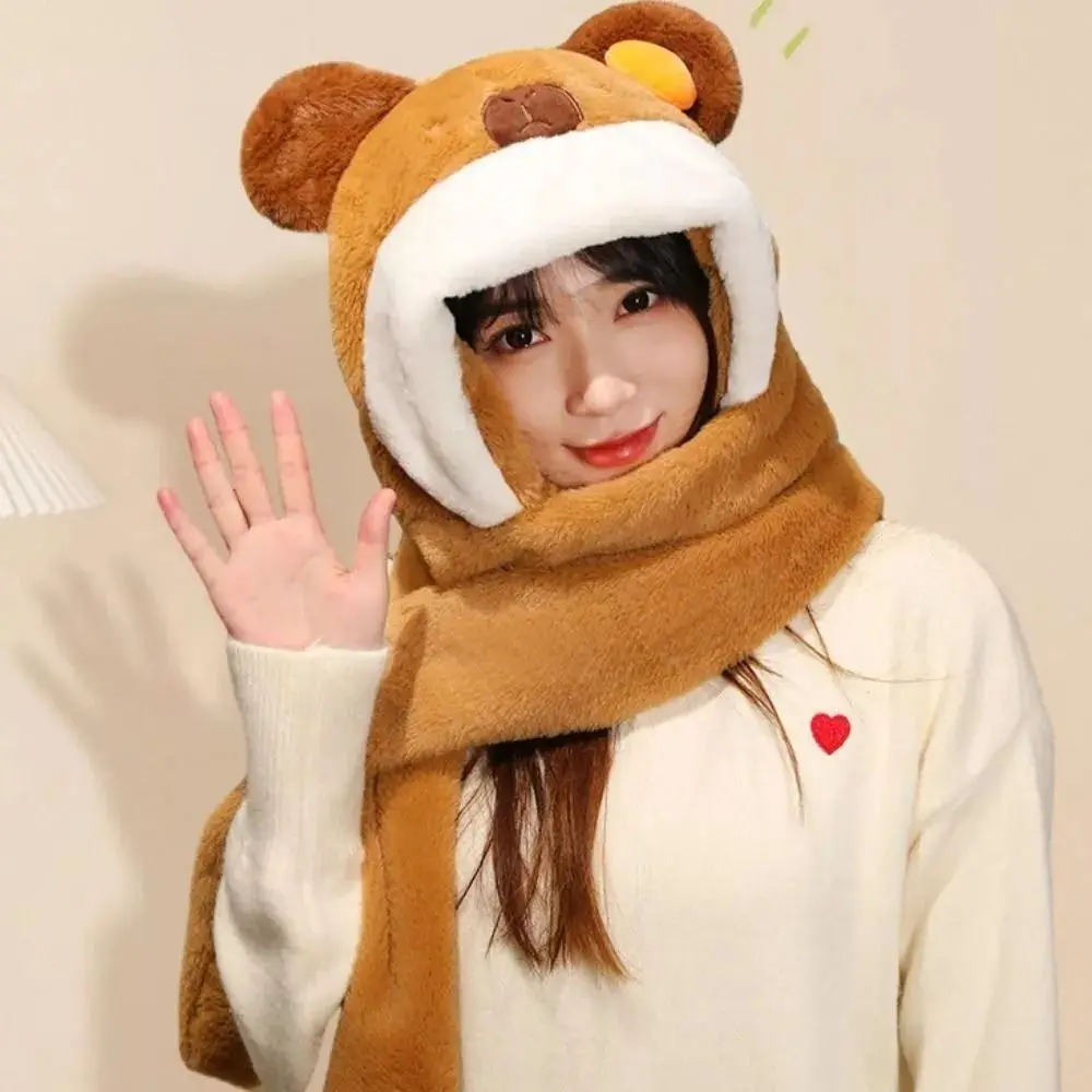 Casual 3in 1 Hat Scarf Gloves Set Thickened Winter Warm Capybara Beanie Cap Ear Protection Plush Cartoon Neck Hat