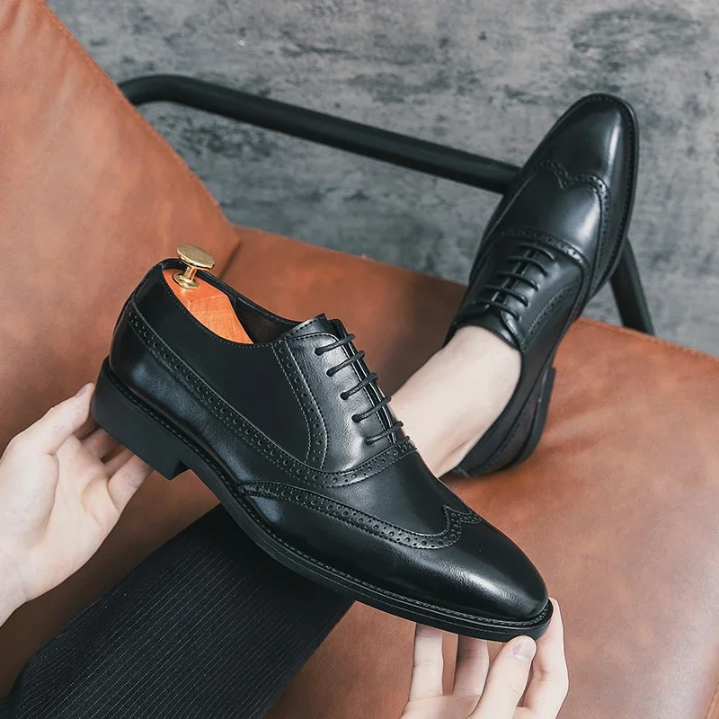 Black Oxford Shoes for Men Lace-up Square Toe Spring Autumn Handmade Men Dress Shoes  Size 38-46