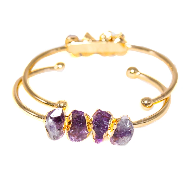 Irregular Amethyst Open Cuff Bracelet for Women Girls Gold Color Handmade Purple Crystal Stone Bangle