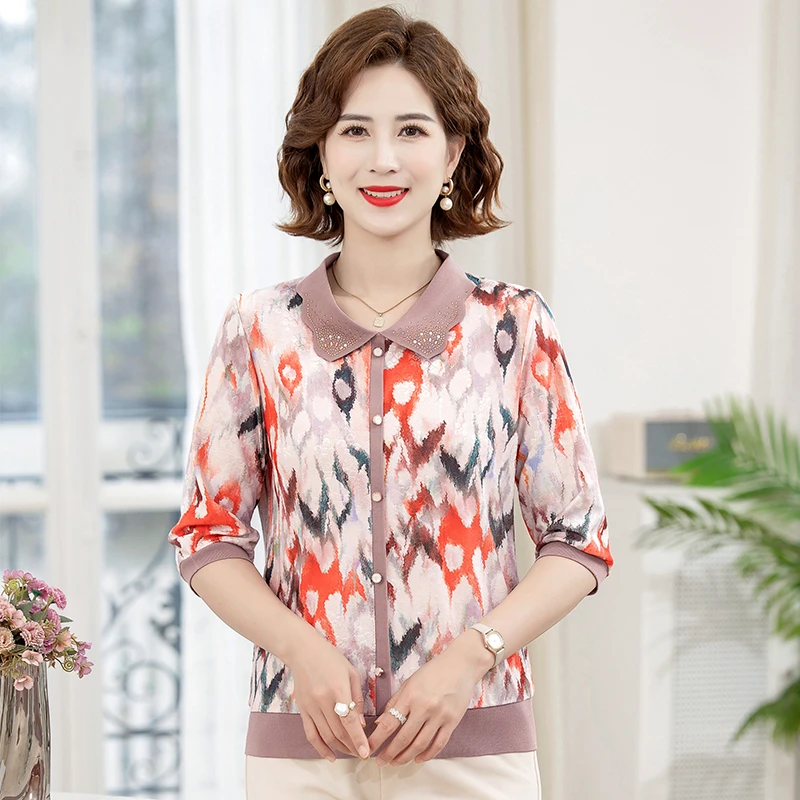 

Футболка больших размеров, тонкая, модная, летняя, для мам, из полиэстера, для повседневной носки, свободного кроя, на пуговицах