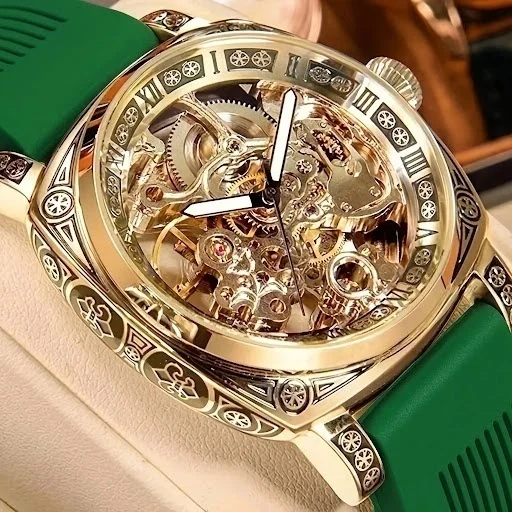 A Men's Green Tape Vintage Stylish Luminous Scale Full Automatic Mechanical Wristwatch