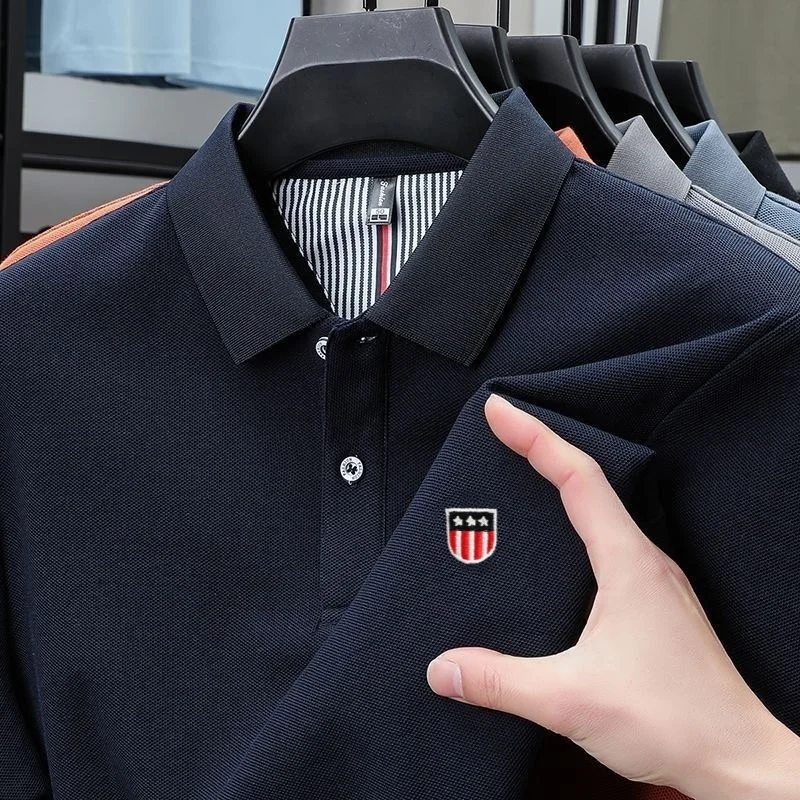 Polo de manga corta para hombre, 100% algodón puro, de alta gama, con bordado de bandera, estilo boutique, para golf, informal, de verano.