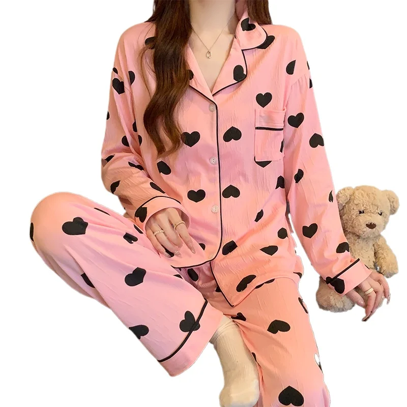 

New Big Heart, Lovely Cardigan Pajamas Can Be Worn Outside Spring New Wrinkled Cloth Loungewear Long-sleeved Suit Underwear Sets