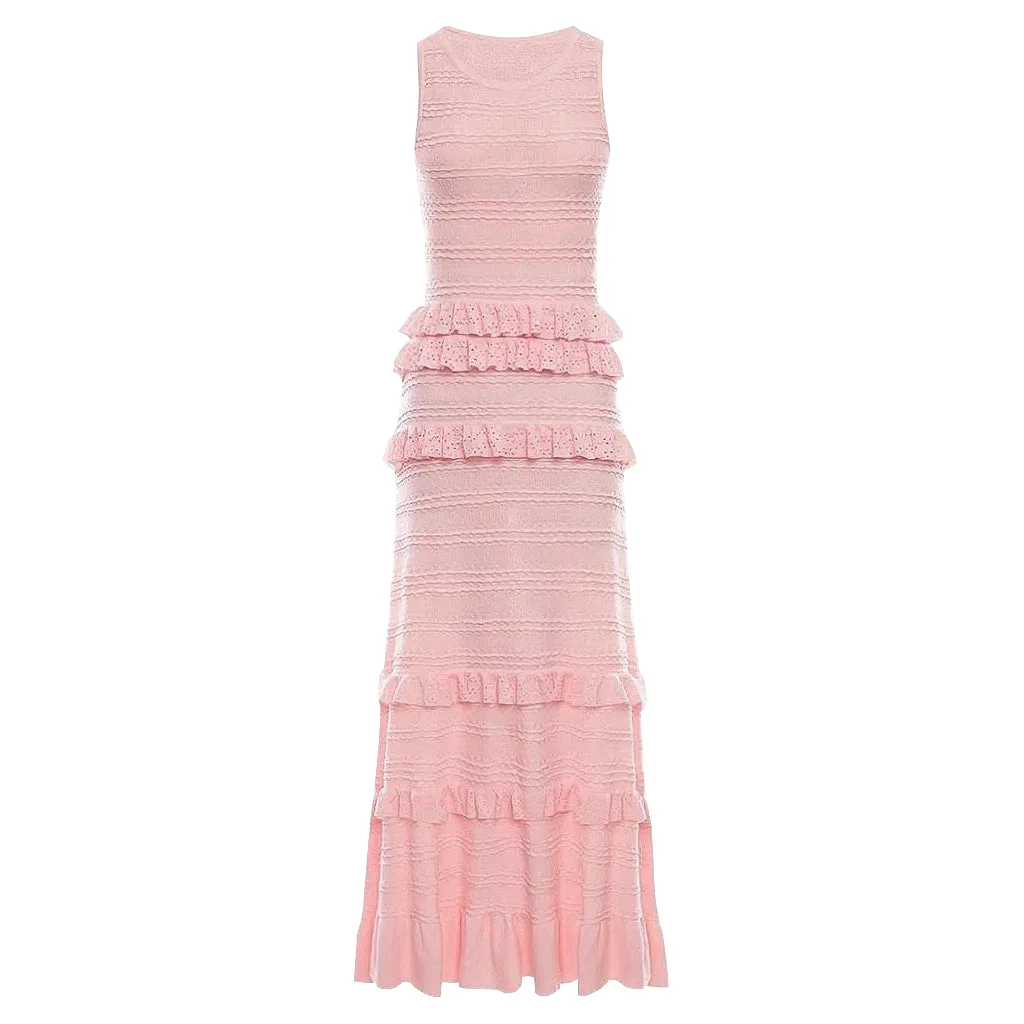 Slim Fit Ruffles Hem Lady Layered Stringy Selvedge Midi Robe Women 2025 Spring Sleeveless O-Neck Striped Knitted Long Tank Dress