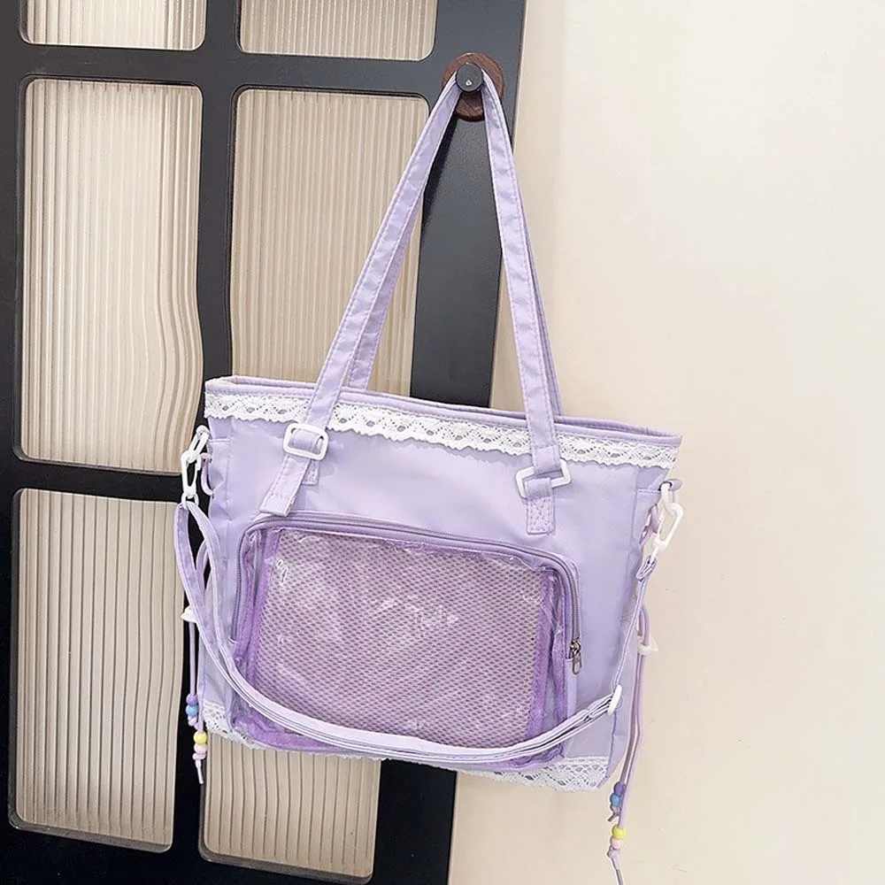 

Lace Decoration Shoulder Ita Bag PU Leather Large Capacity Goth Transparent Handbag Waterproof Japanese Style