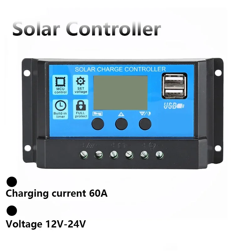 60A PWM Solarladeregler 12V 24V mit LCD-Display Dual USB Spannungsregler für Solarpanel Photovoltaik Home System – Detail 1