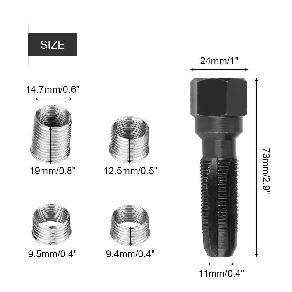5Pcs Carbon Steel Spark Plug Re-thread Repair Tool Tap Reamer Inserts Kit 14mm For Spark Plug Thread Repairing