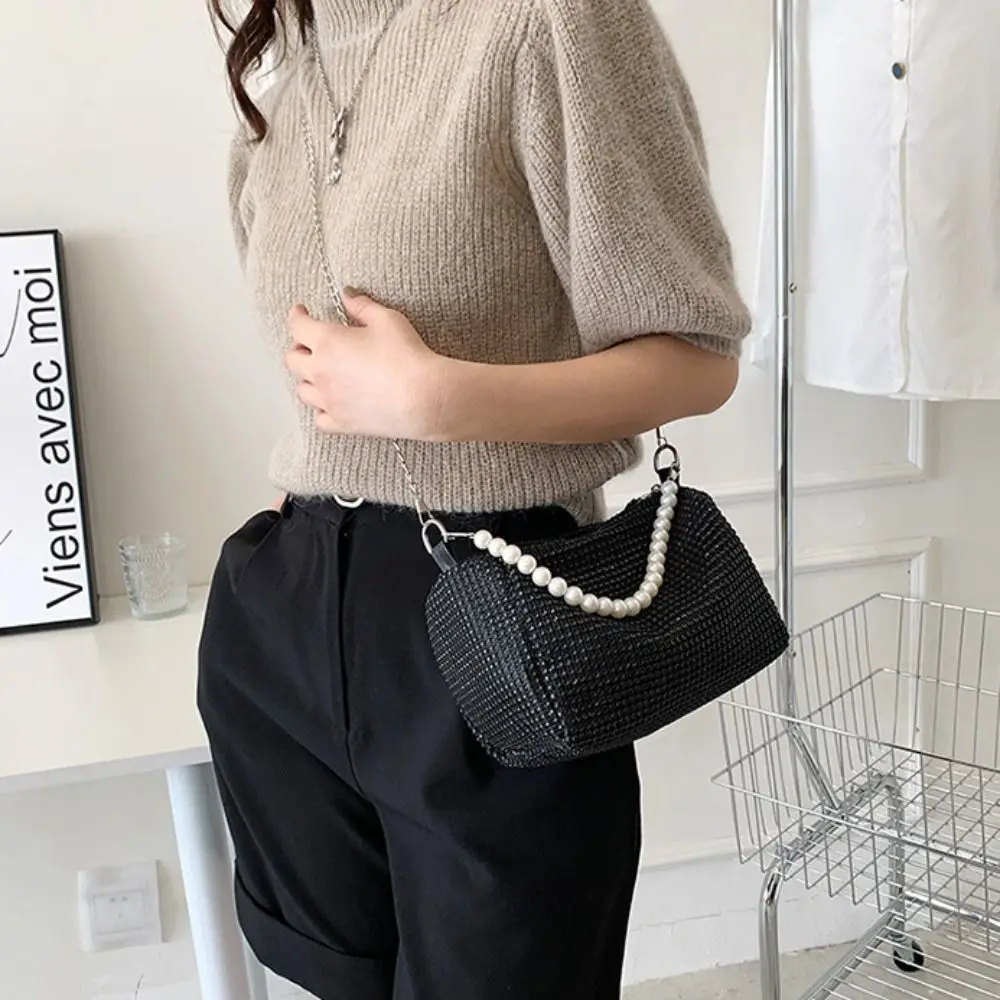 Large Capacity Rhinestone Handbag Shoulder Pouch Mobile Phone Bag Small Square Bag Crossbody Bag Pearl Chain Women Shoulder Bag