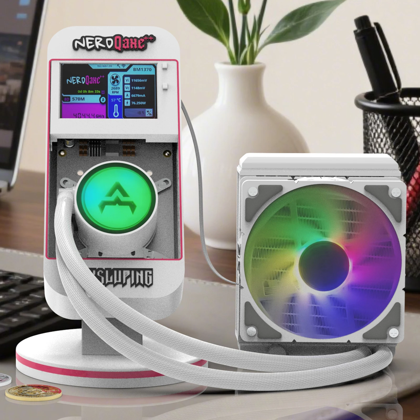 

Майнер Bitcoin Bitaxe NerdQaxe++ 4.8TH/s Hydro с чипом BM1366 Asic, для работы в режиме Solo Lottery, с водяным охлаждением, сверхнизкое энергопотребление, бесшумный