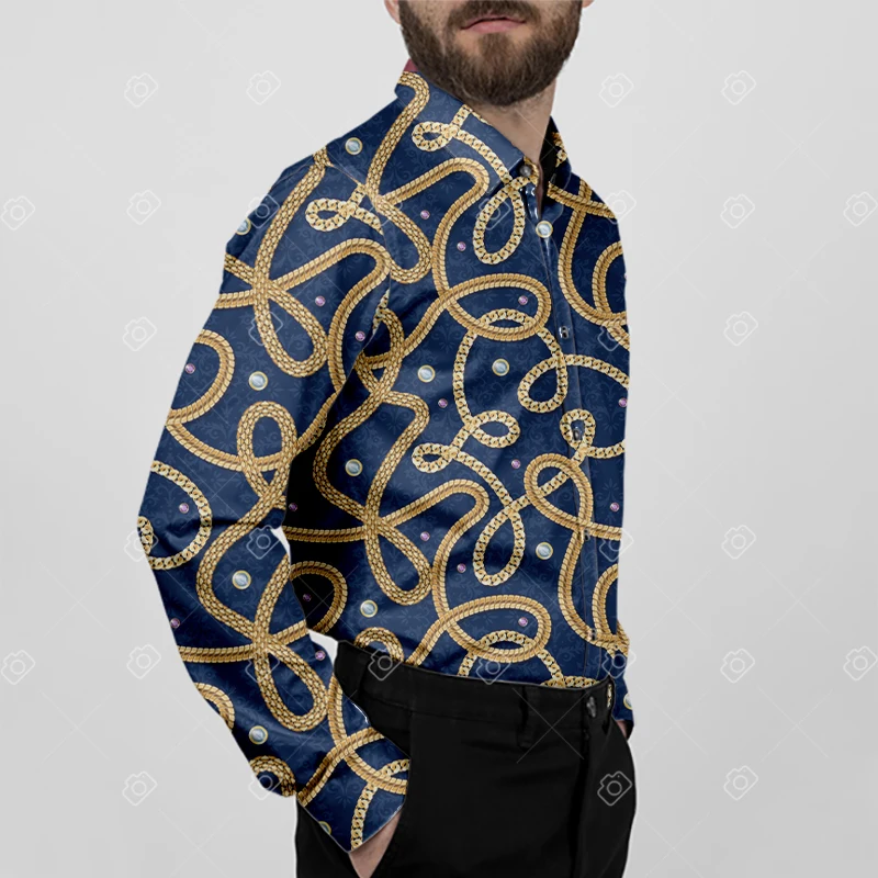 Fashionable gold chain printed men\'s long sleeved button up shirt for spring and autumn, parties and banquets