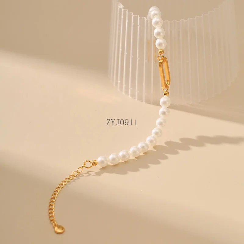 *White Round Pearl Women Bracelet 18k Gold Plated Paper Clip Chain Fashion Wedding Party Jewelry Gift Day Wear Hand Accessories