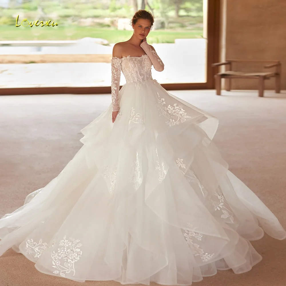 Loverxu A-Line Elegant Wedding Dresses Boat Neck Off The Shoulder Vestido De Novia Lace Appliques Ruffle Custom Made Bridal Gown