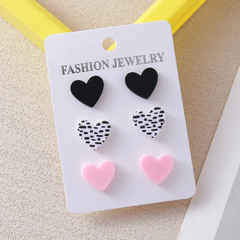 3 أزواج شكل قلب دوت طباعة النساء الأقراط الثلاثي الوردي أسود أحمر اللون القلب جميل لطيف الفتيات القرط مجموعة الحلو هدية مجموعة مجوهرات #4