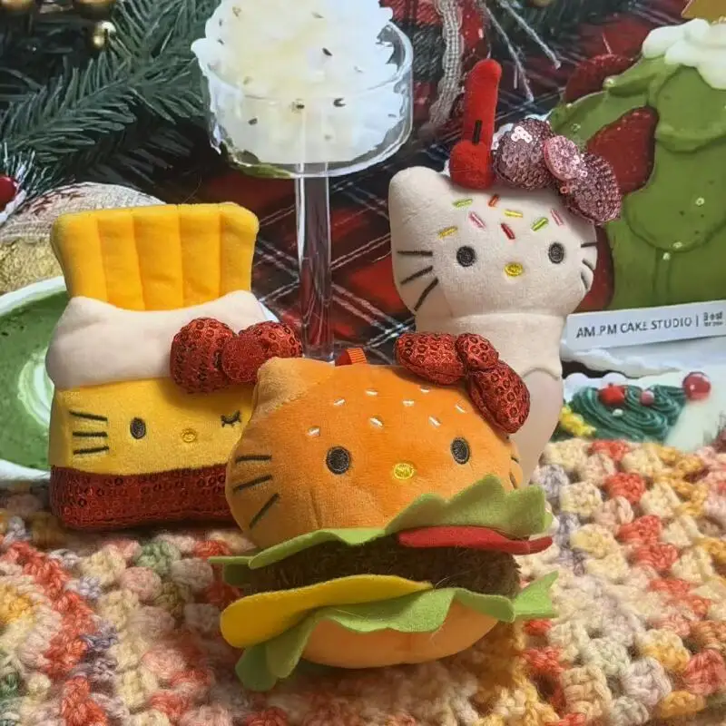 

Peripheral Sanrio Hello Kitty Burger and French Fries Ice Cream Series Plush Stuffed Doll Keychain Schoolbag & Itabag Charm Gift