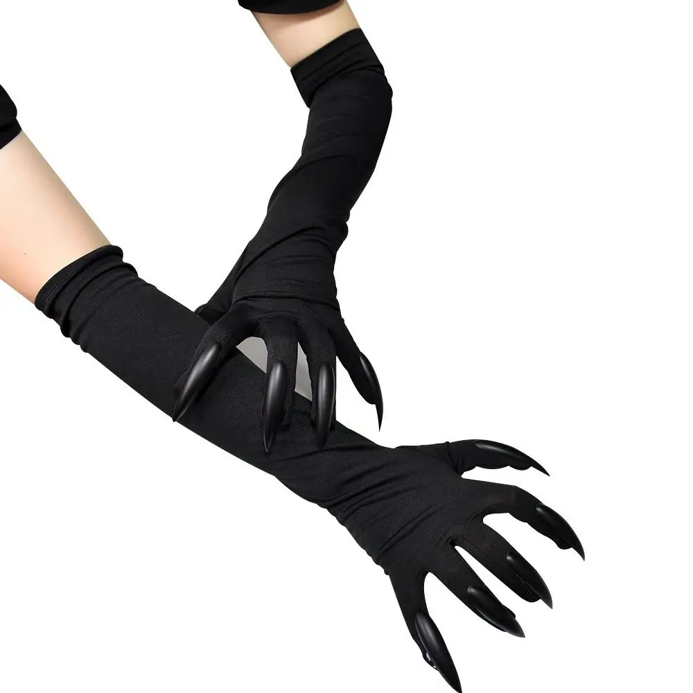Black Halloween Makeup Black Nail Gloves Full Finger Elastic Ghost Cat Demon Paw Gloves Funny Women Long Mittens