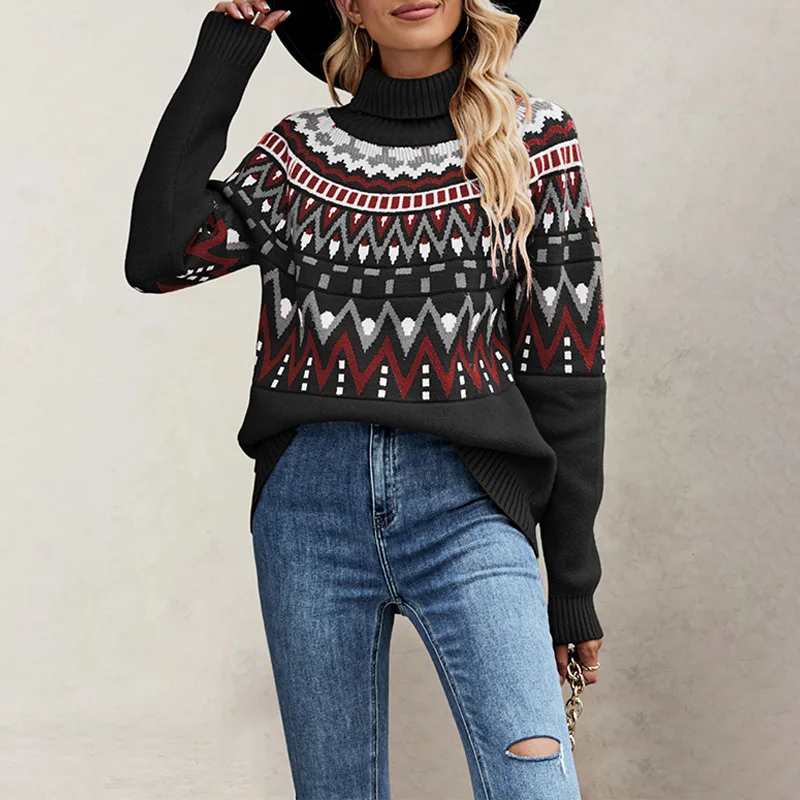 

2025 Autumn Winter Pullovers Women Sweaters Turtleneck Full Sleeve Print Jumpers Y2k Streetwear Elegant Splice Knit Casual