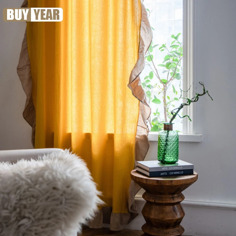 Falbala Contrast Color Yellow French Small Window Kitchen Curtains for Living Dining room Bedroom Half Blackout Curtain Custom