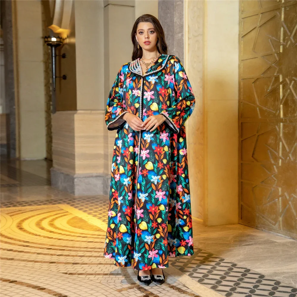 Luxury Diamonds Abayas for Women Floral Print Maxi Dress Muslim Abaya Dubai Kaftan Turkey Robe Eid Djellaba Islam Jalabiya Gown