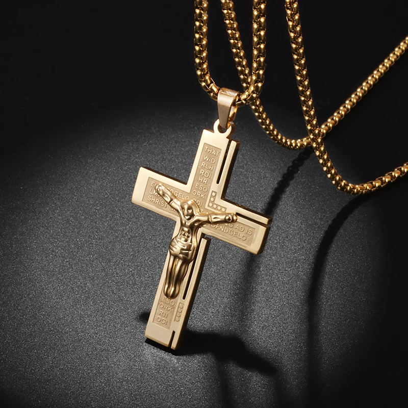 Crucifix Catholic Necklace for Men Stainless Steel Gold Color Jesus Christ Cross Necklace Amulet Church Prayer Jewelry