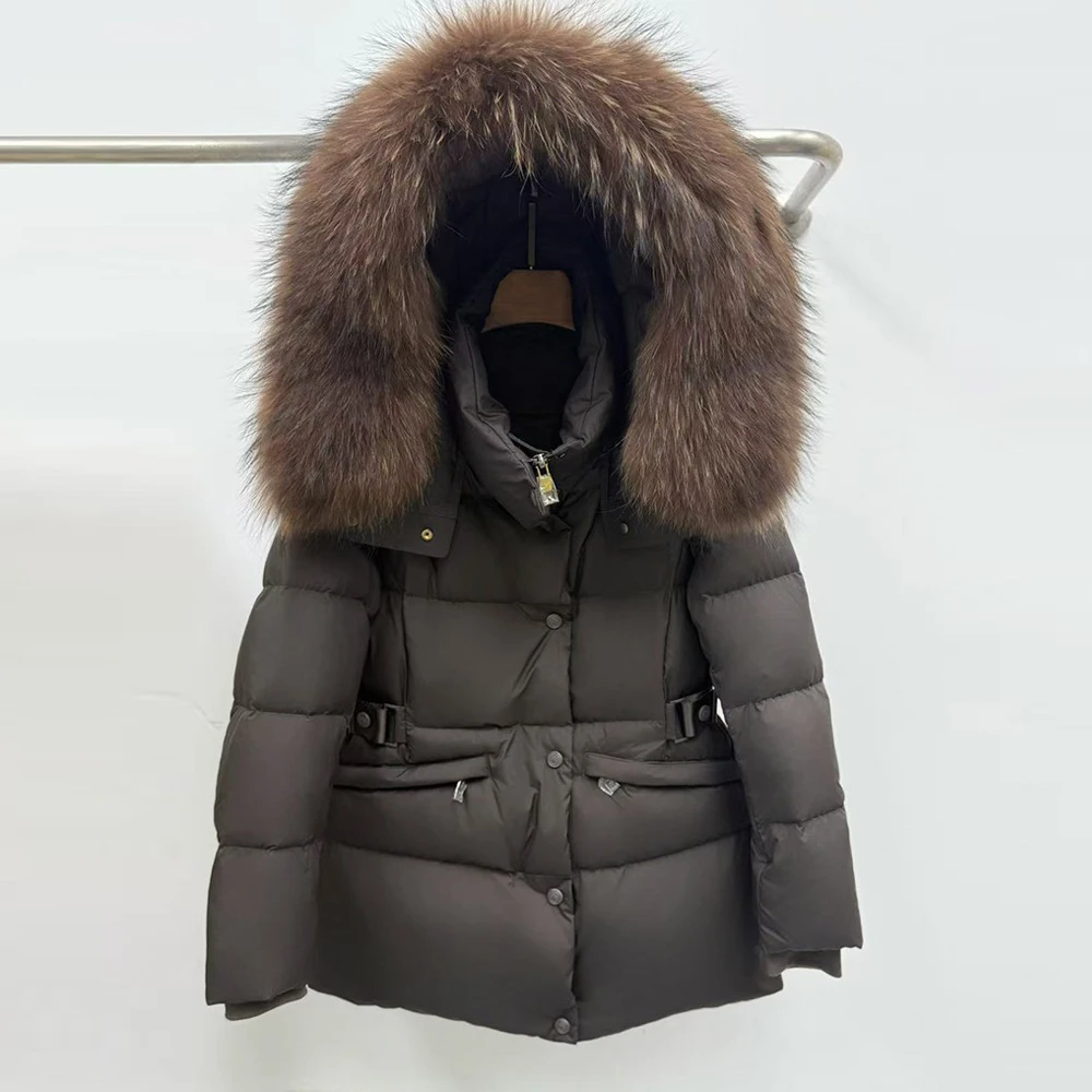   Thiened Jaet de plumón para mujer con cuello de piel grande Ropa de abrigo cálida de longitud media informal y elegante de Tagkita