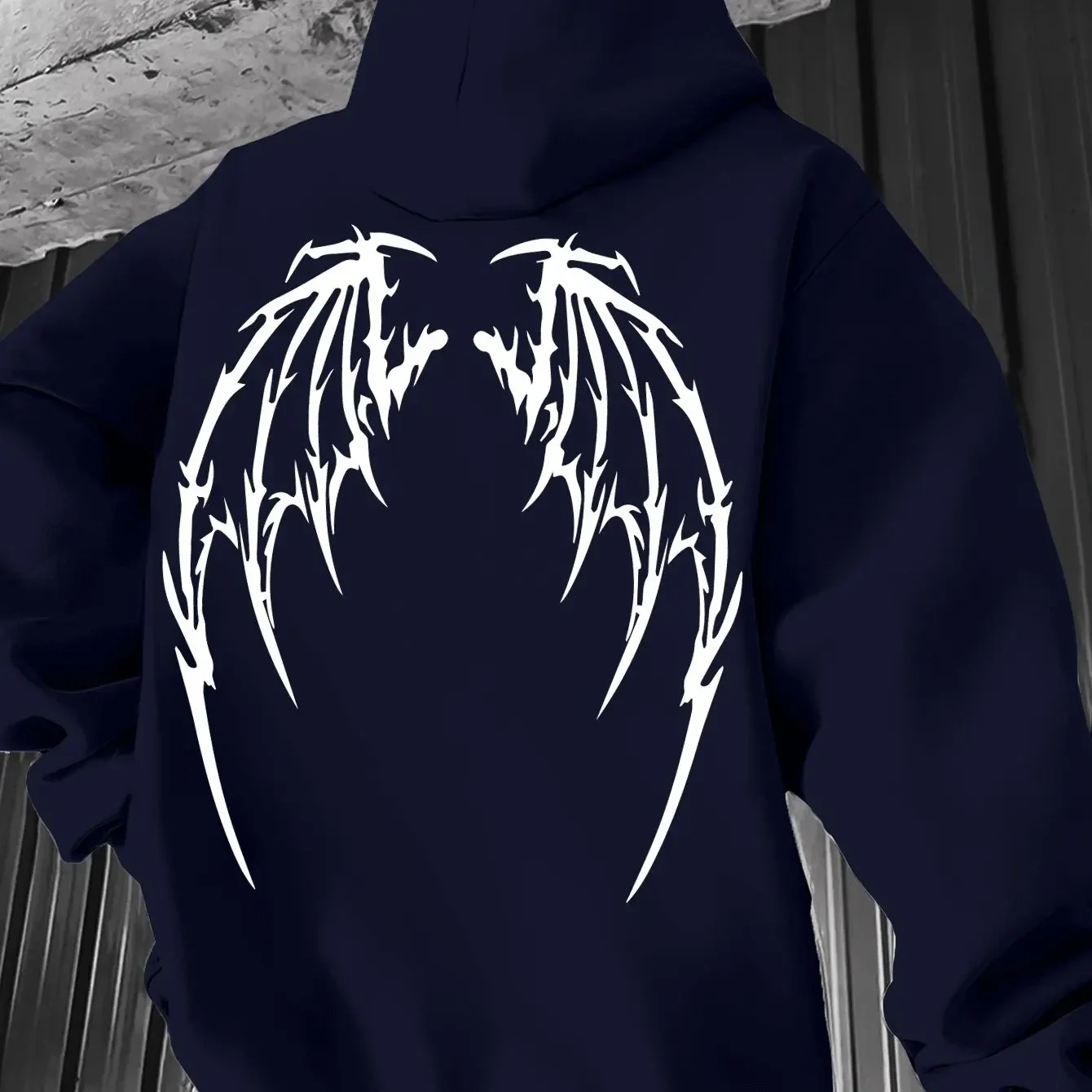Minimal White Thorn‑Style Devil Wing Back‑Print Hooded Sweatshirt Men Dark Gothic Aesthetic Oversized Casual Street Tops