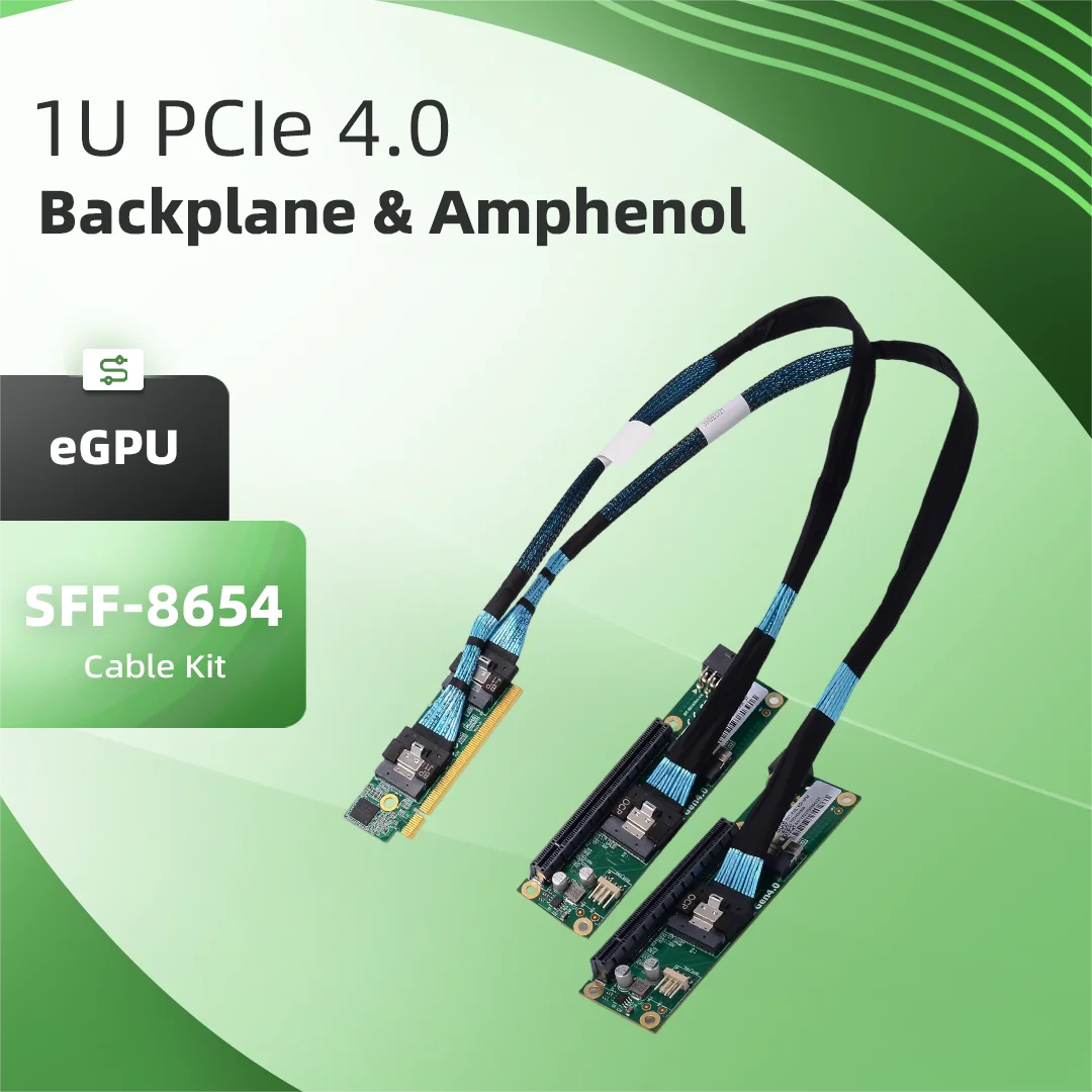 

Комплект: плата 1U 4.0 + 2 базовых блока 4.0 + 2 кабеля Amphenol 8654 для внешней/расширительной видеокарты 1U для AI-сервера