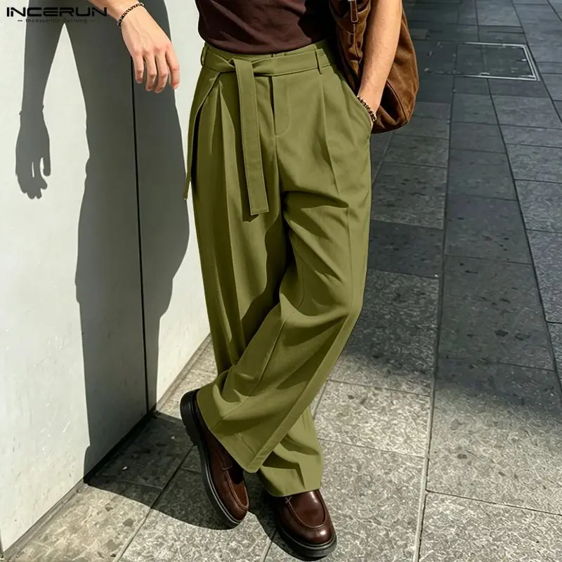 

INCERUN Men's Pants Solid Color Lace Up Joggers Loose Casual Men Bottoms Streetwear 2026 Fashion Leisure Wide Leg Pants For Man