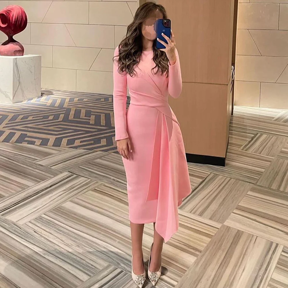 

Elegant Birthday Party Dresses Jersey Sheath/Column Cocktail Party Gown Pink O-Neck Pleat Draped Simple Prom Dress Midi 2025