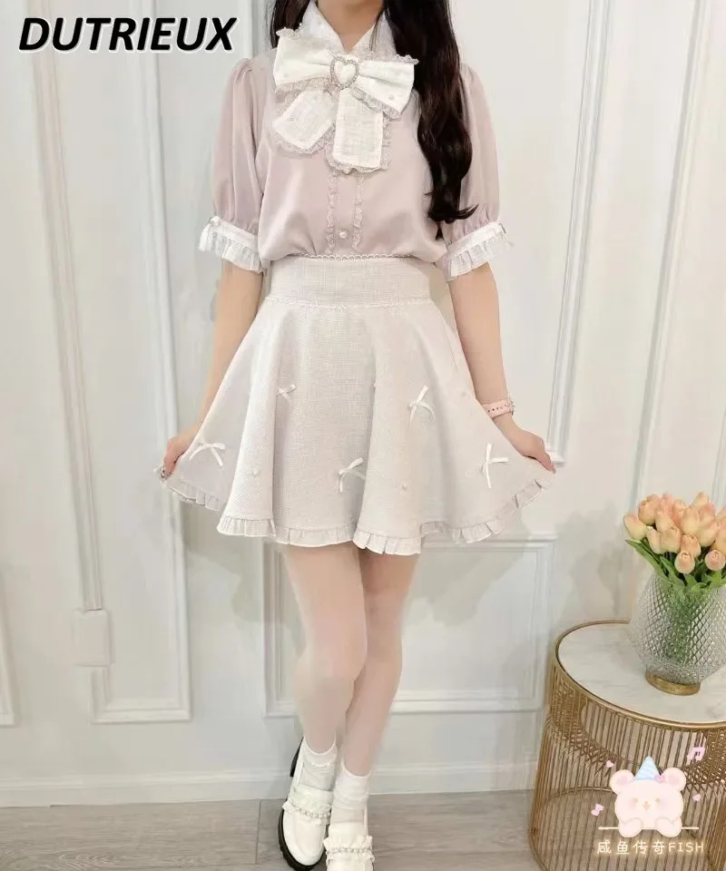 Japanese Rojita New Rhinestone Love Big Bow Shirt Mine Mass-Produced Pearl Blouse Summer Solid Color Short Sleeve Tops
