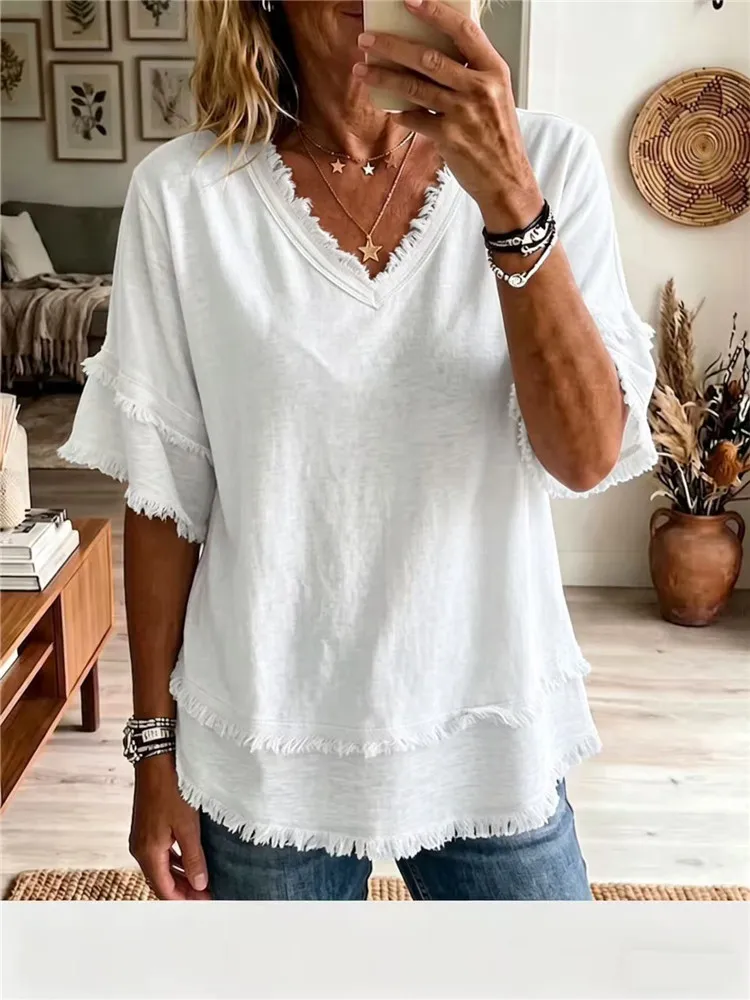 2026 Summer Womens Clothing Fashion Short Sleeve Solid Color Loose V-Neck Blouses Casual Elegant Femme Blouse Ladies Top Blusa
