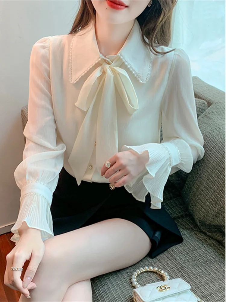 #3238 White Chiffon Office Shirts Blouse Women Turn-down Collar France Style Flare Sleeve Women Shirts Thin Sexy Vintage Spring