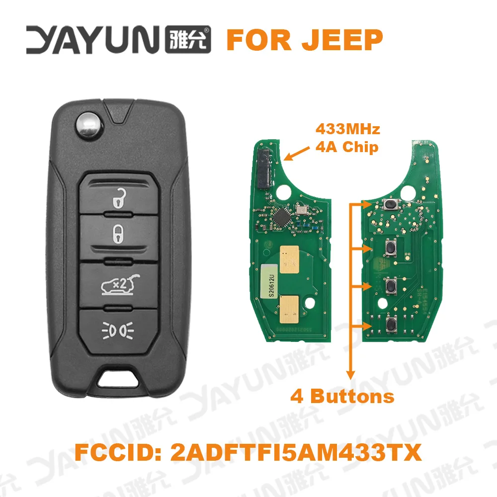 YAYUN 4 Buttons 2015/6/7/8 Complete Flip Remote Car Key 433MHz ID4A Chip 2ADFTFI5AM433TX SIP22 Blade With Logo For Jeep Renegade