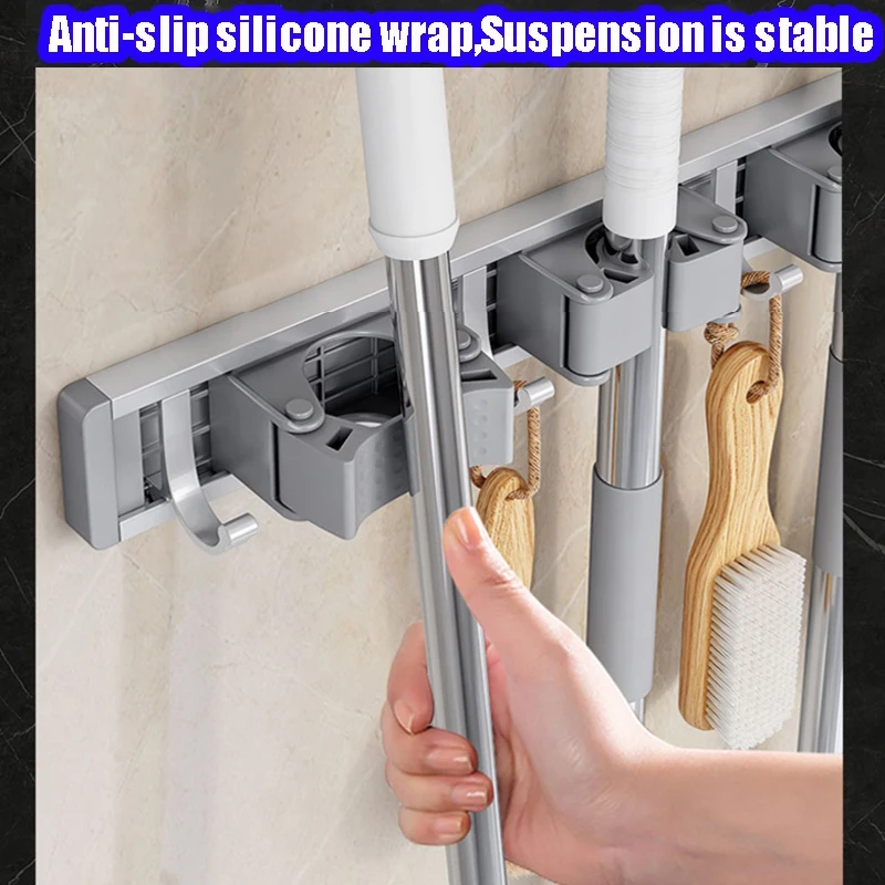 Wall Mounted Mop Holder 3/4/5 Position Multi-Functional Broom Hanger Shelf Home Kitchen Storage Magic Aluminum Alloy Mop Holder