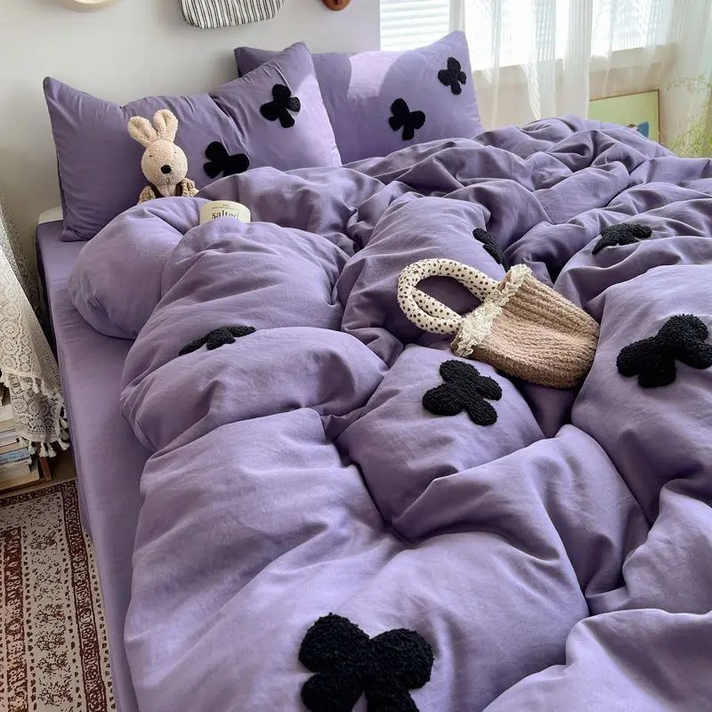 Purple Bedding Set Soft with Bow Applique Grey Pink Duvet Cover Flat Sheet Pillowcase Single Double Queen Size Boys Girls Gift